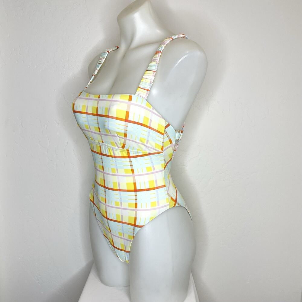 Anthropologie Sanja Scrunchie One Piece Swimsuit Womens Small Plaid Suspender